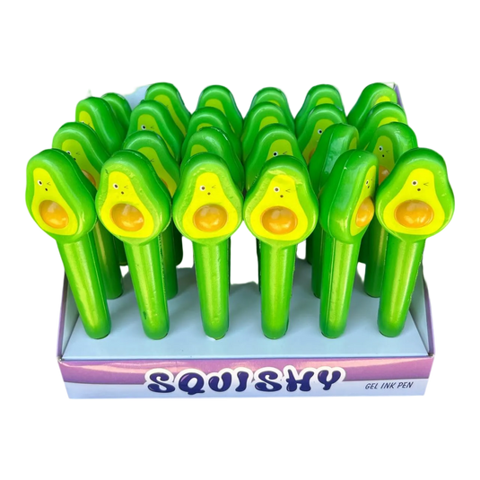 Display box filled with green avocado-shaped gel ink pens