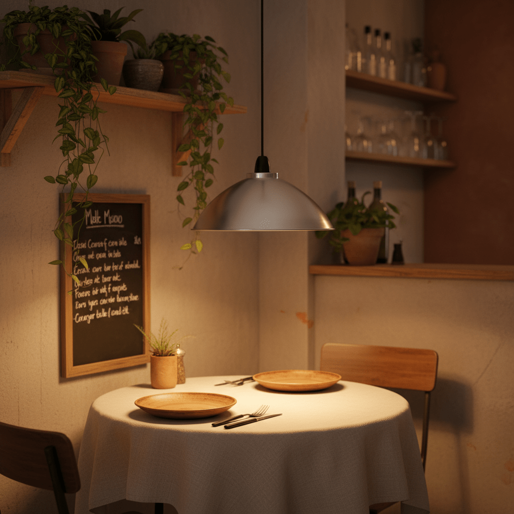 Aluminium pendant light hanging over a dining table set with wooden plates and cutlery, surrounded by plants.