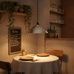 Aluminium pendant light hanging over a dining table set with wooden plates and cutlery, surrounded by plants.