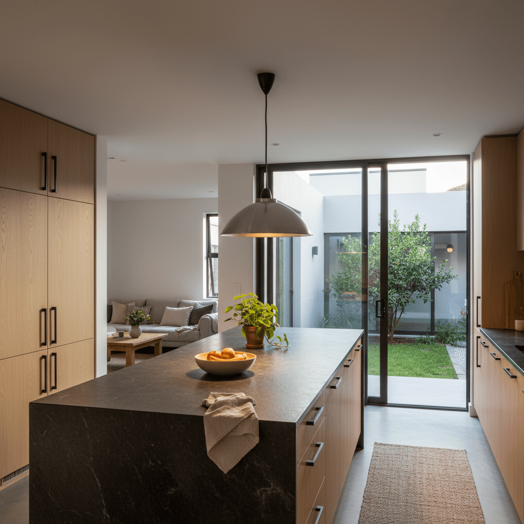 Aluminium pendant light hanging over a kitchen island with a bowl of fruit and a potted plant.