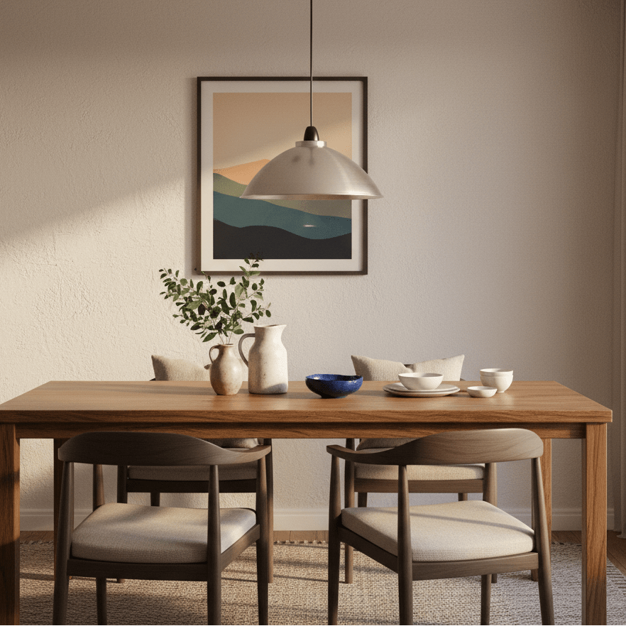 Aluminium pendant light hanging over a wooden dining table set with dishes and a vase.