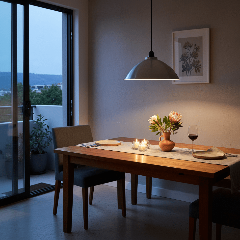 Aluminium pendant light hanging over a dining table set with plates and a vase of flowers, creating a cozy ambiance.