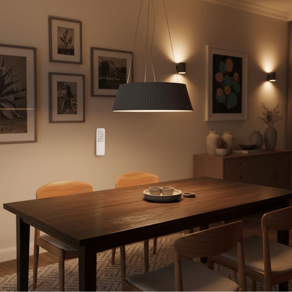 Grey metal and acrylic LED pendant light above a wooden dining table, remote control on wall.