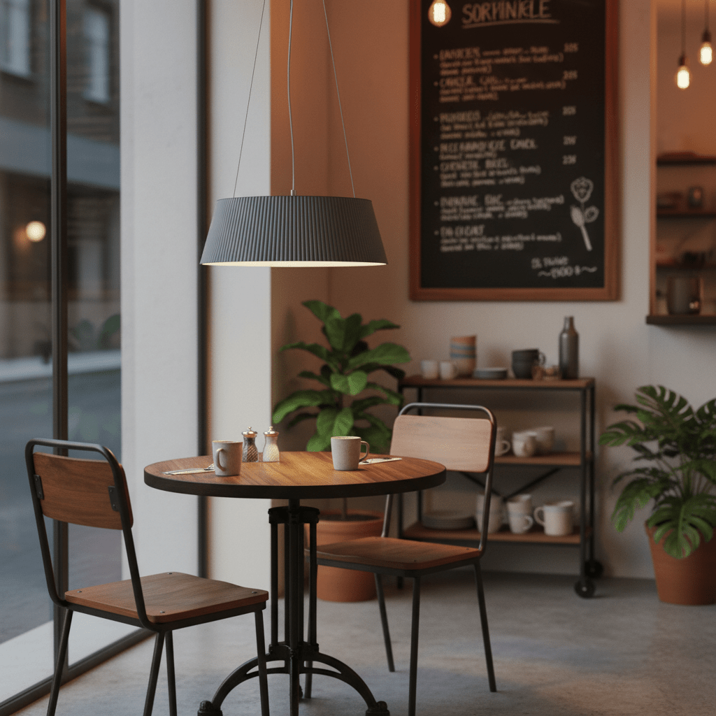 Grey metal and acrylic LED pendant light hanging above a wooden table in a cozy dining area.
