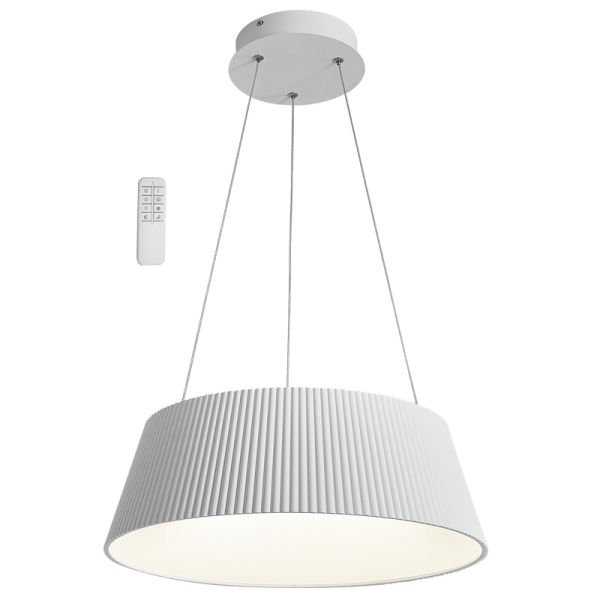 White metal and acrylic LED pendant light with remote control, featuring a ribbed shade and sleek design.