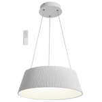 White metal and acrylic LED pendant light with remote control, featuring a ribbed shade and sleek design.