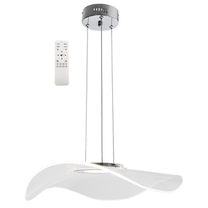 Modern Ray Acrylic CCT LED Pendant Light with remote control, featuring a polished chrome finish and wavy acrylic design.