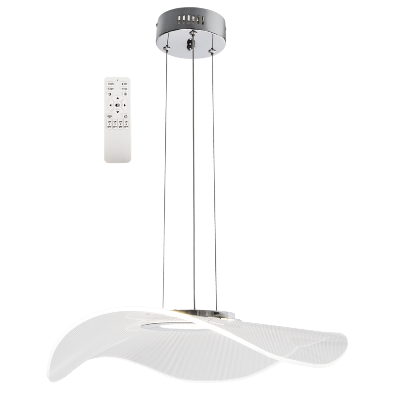 Modern Ray Acrylic CCT LED Pendant Light with remote control, featuring a polished chrome finish and wavy acrylic design.