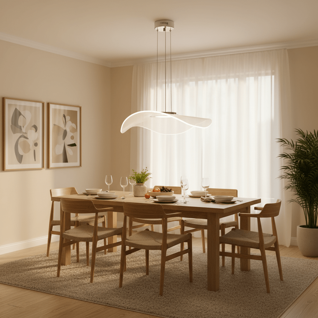 Modern wavy acrylic pendant light hanging over a set dining table with chairs, artwork and window in background