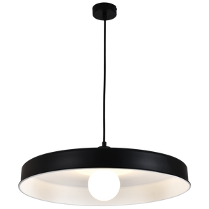 Black pendant light with a white bulb on a white background