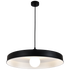 Black pendant light with a white bulb on a white background