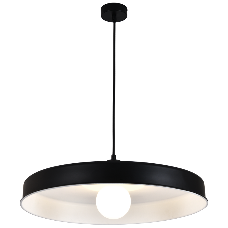 Black pendant light with a white bulb on a white background