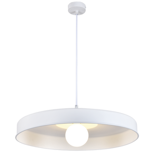 White pendant light with a visible bulb on a white background
