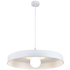 White pendant light with a visible bulb on a white background