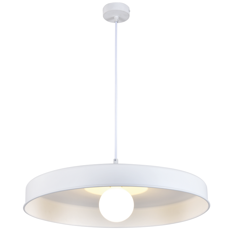 White pendant light with a visible bulb on a white background