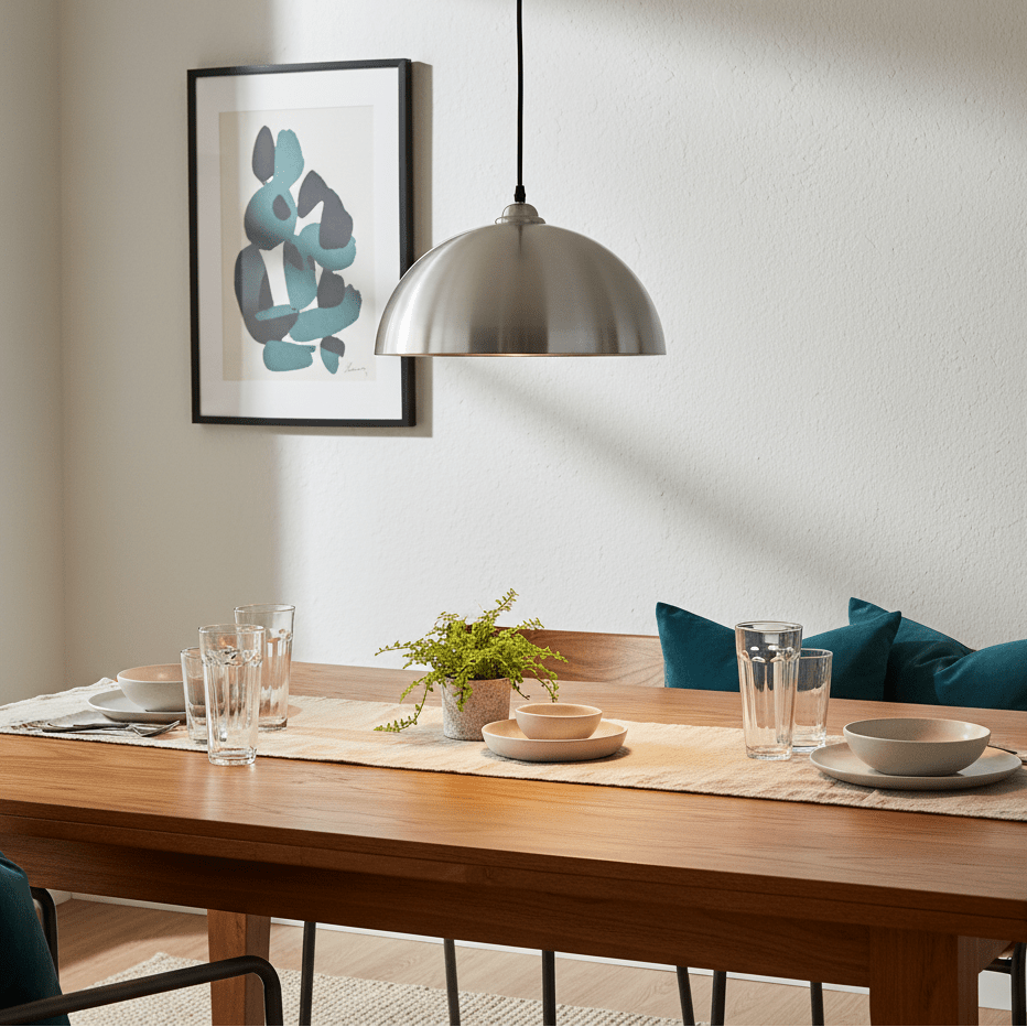 Aluminium pendant light hanging over a wooden dining table set with dishes and glasses, featuring a modern art piece on the