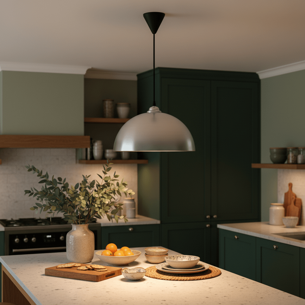 Aluminium pendant light hanging over a kitchen island with decorative plates and a vase of greenery.