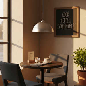 Aluminium pendant light hanging above a small wooden table with coffee and a menu in a cozy café setting.