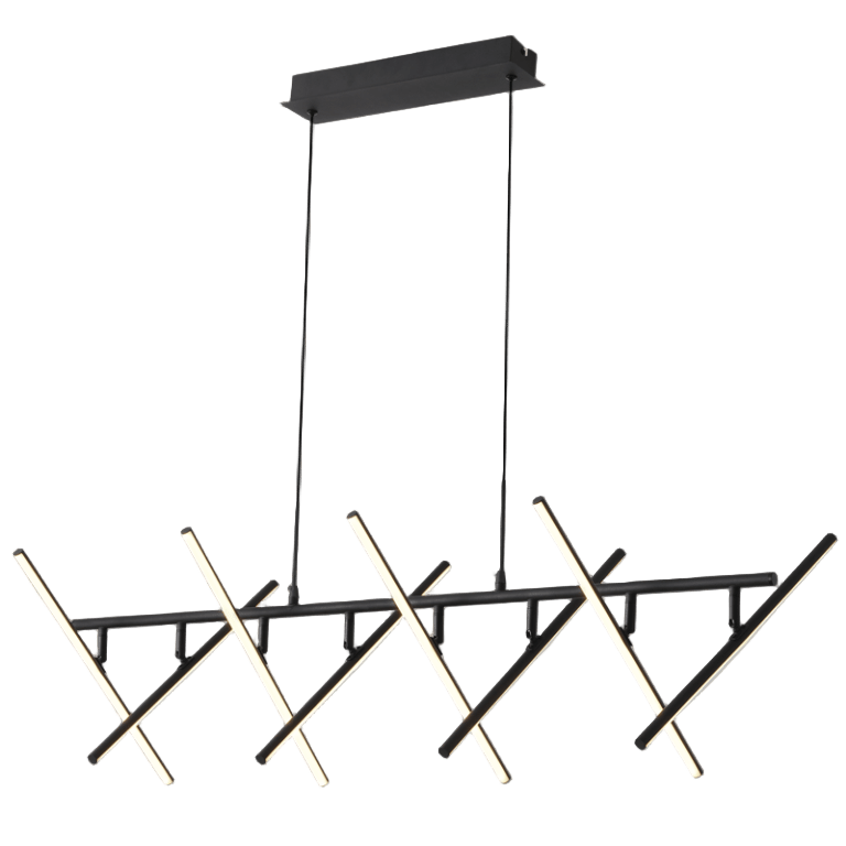 Modern pendant light fixture with black frame and white LED bars on a gray background