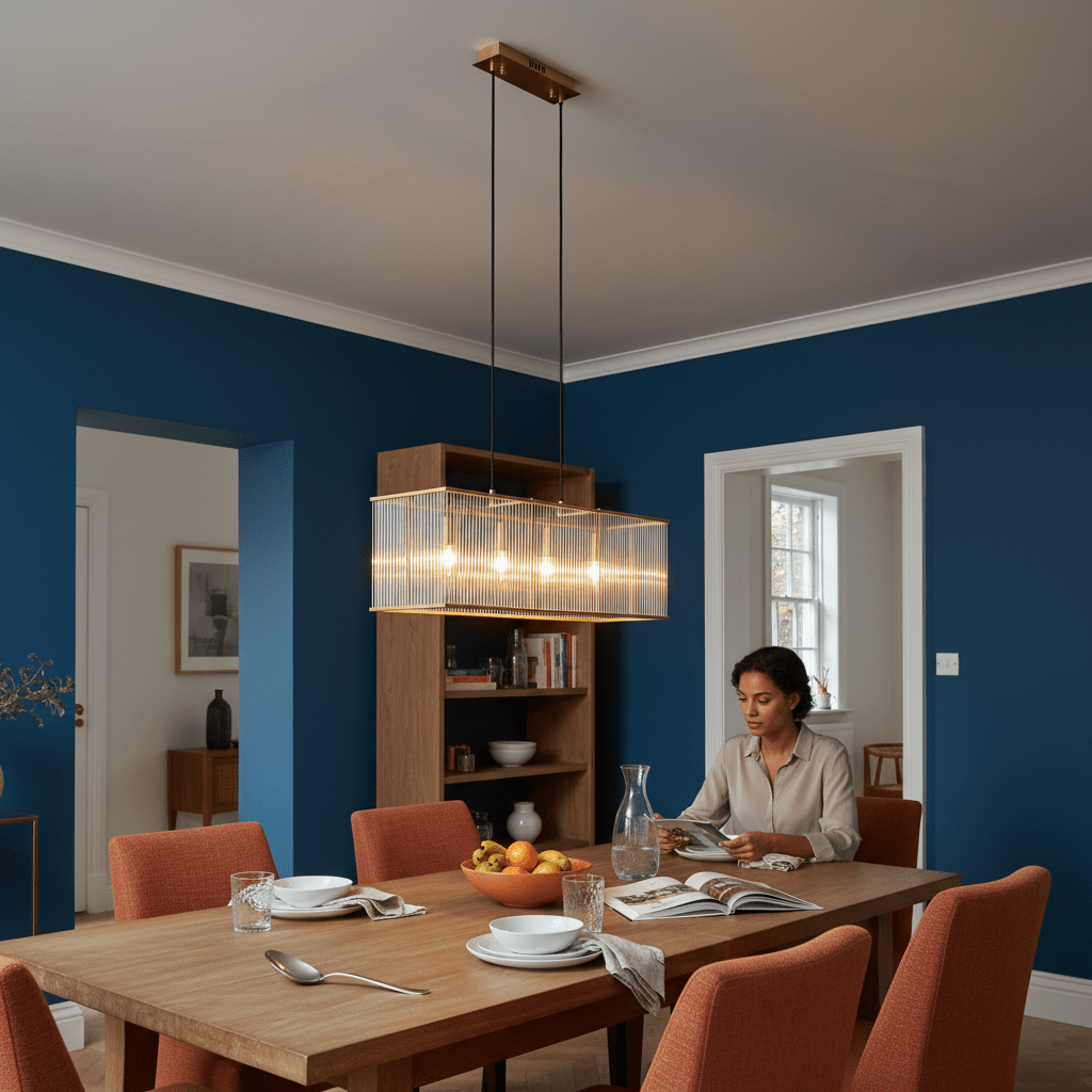A woman sits at a dining table with a gold iron and clear acrylic pendant light above, surrounded by orange chairs and a