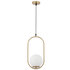 Modern pendant light with brass frame and white globe on a white background