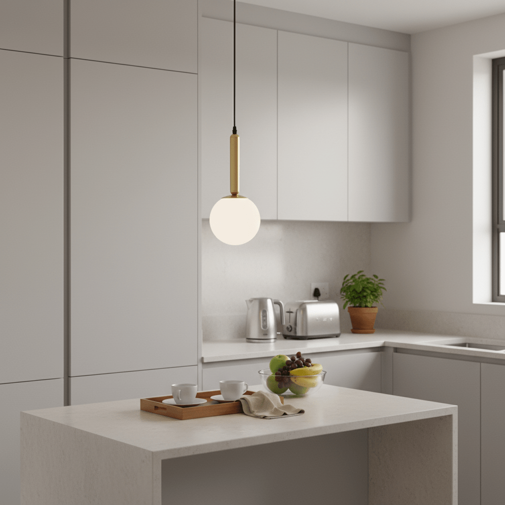Modern kitchen with white cabinets, a pendant light, and small appliances.