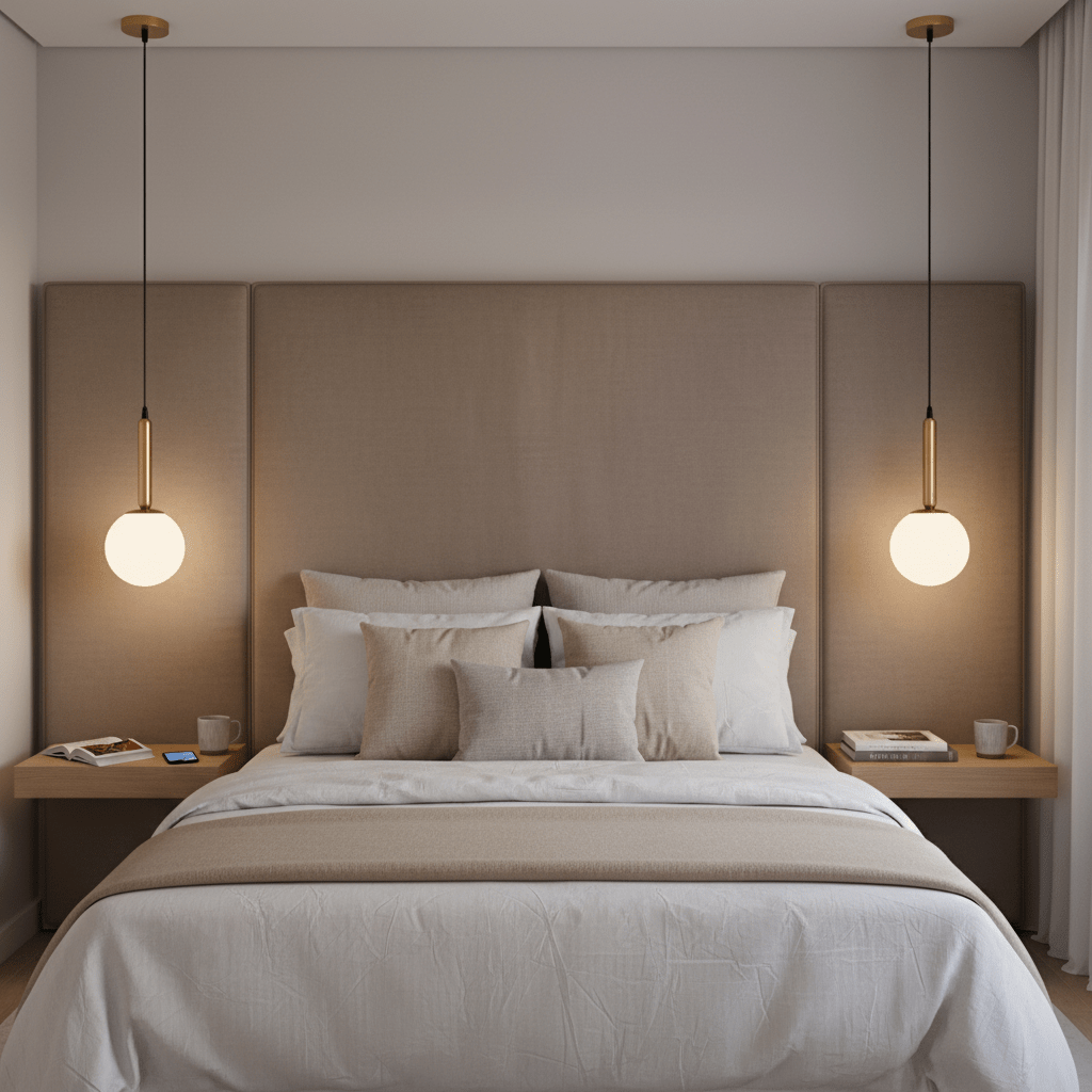 Modern bedroom with a large bed, beige headboard, and pendant lights.