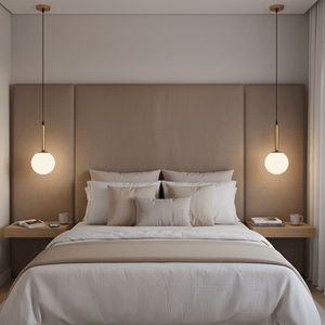 Modern bedroom with a large bed, beige headboard, and pendant lights.