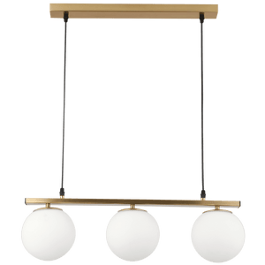 Modern pendant light with three round glass shades on a white background