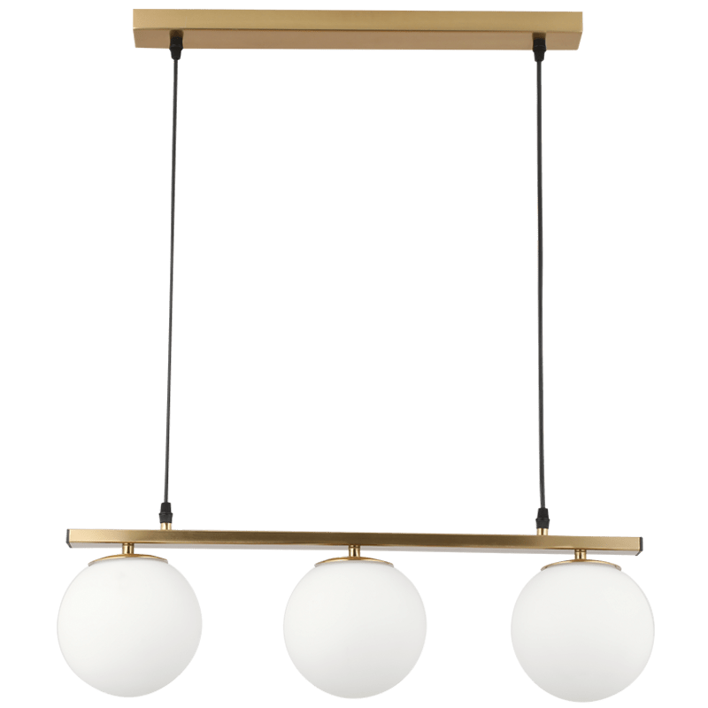 Modern pendant light with three round glass shades on a white background