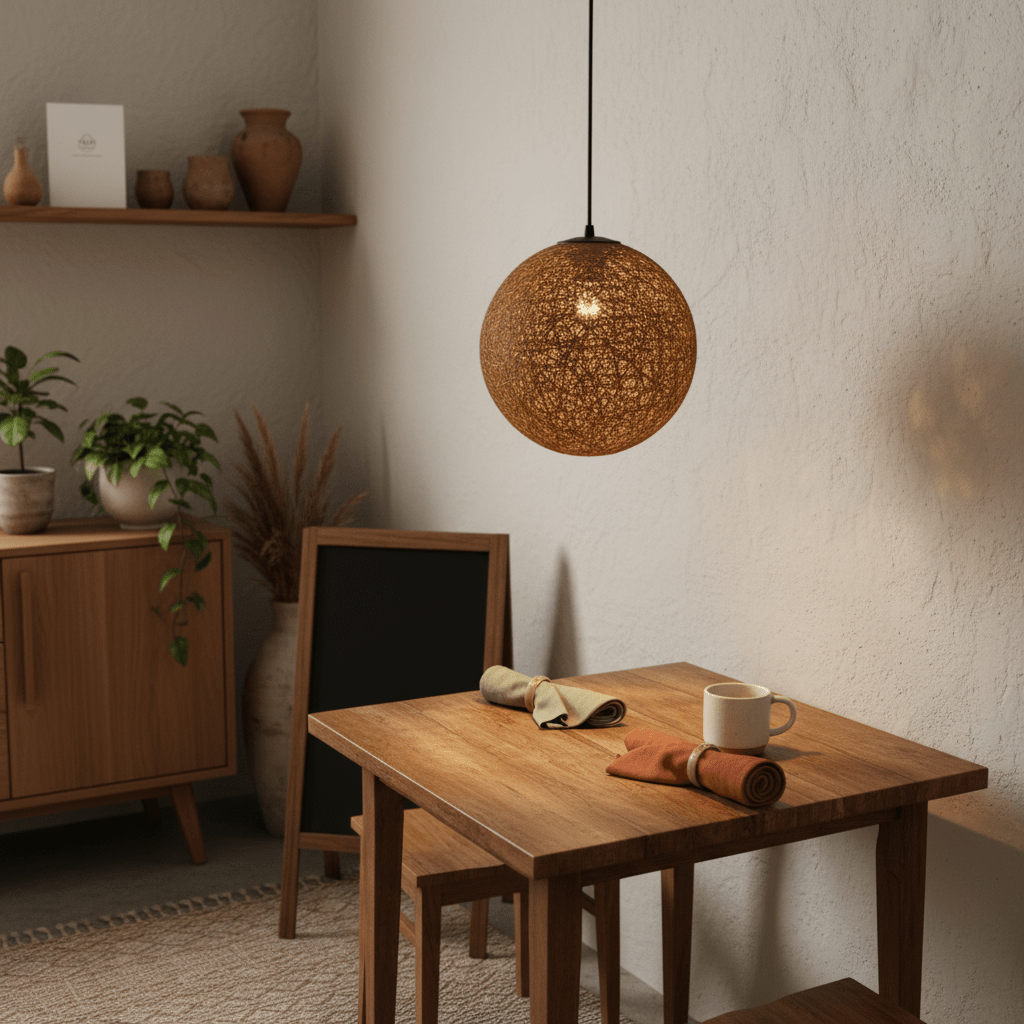 Natural twine pendant light hanging above a wooden dining table with a cup and rolled napkins.