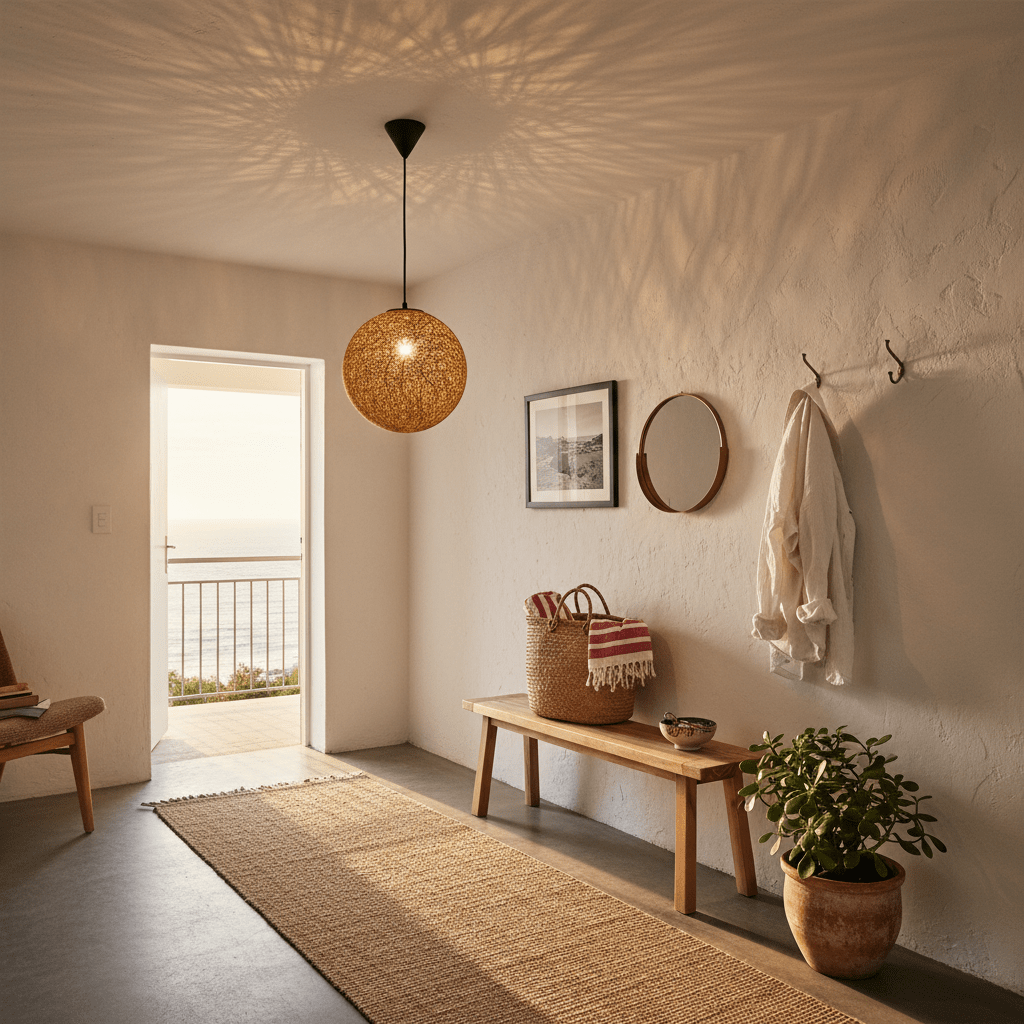 Natural twine pendant light hanging in a cozy entryway with a bench and decor.