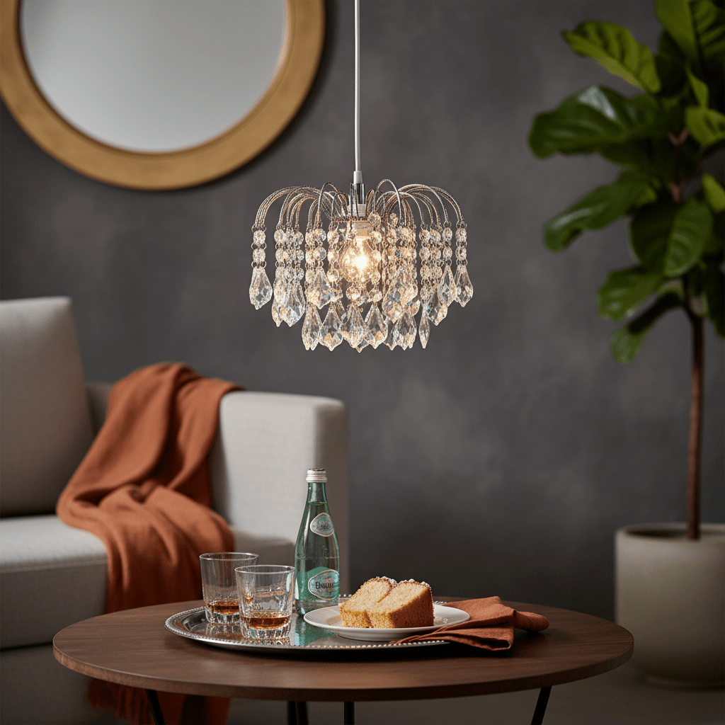 Polished chrome pendant light with clear acrylic crystals hanging above a coffee table with drinks and cake.