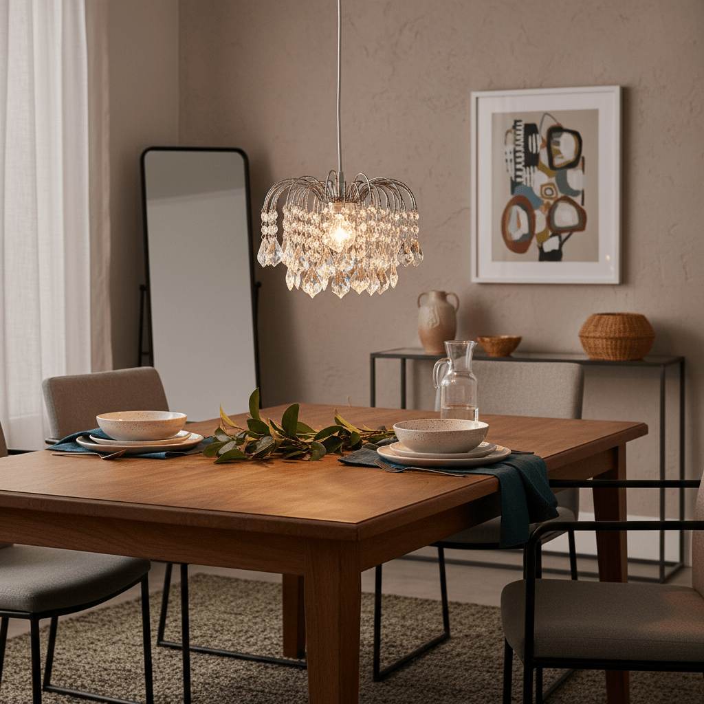 Polished chrome pendant light with clear acrylic crystals hanging over a wooden dining table set with plates and greenery.