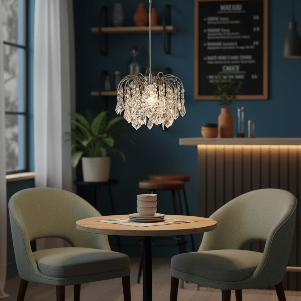 Polished chrome pendant light with clear acrylic crystals hanging above a small dining table with green chairs.