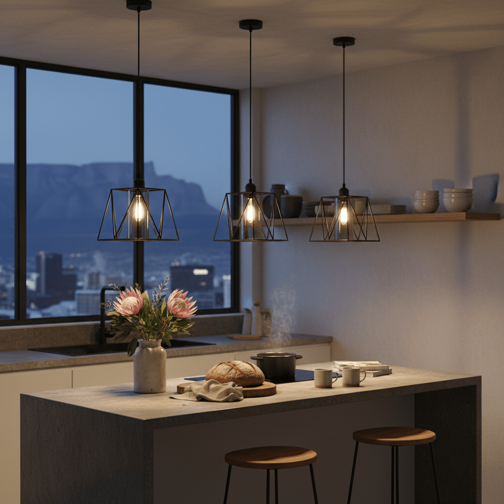 Three metal pendant lights with smoke glass shades hang over a kitchen island, creating a warm ambiance.
