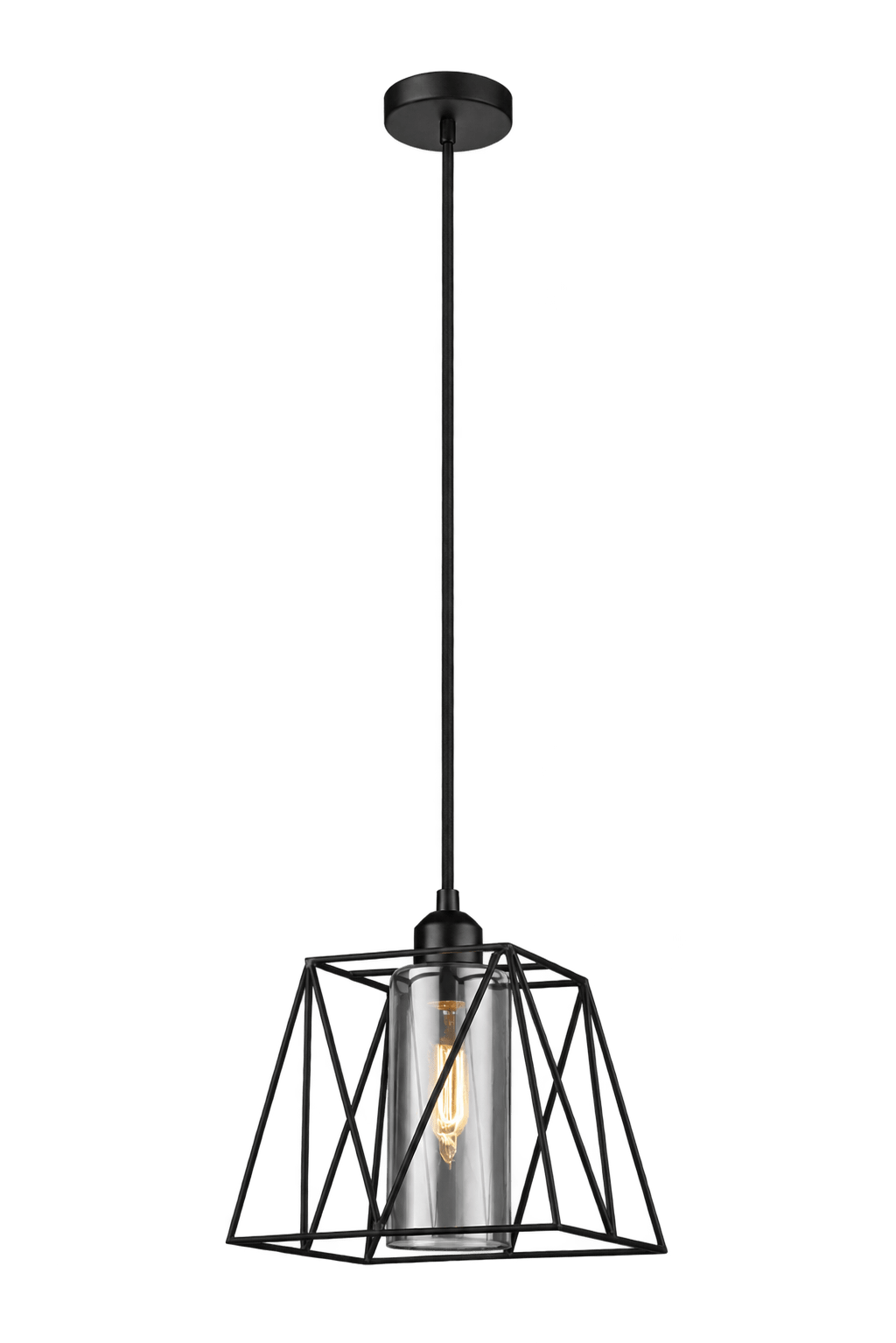 Black metal pendant with clear smoked inner glass and bulb on a transparent background