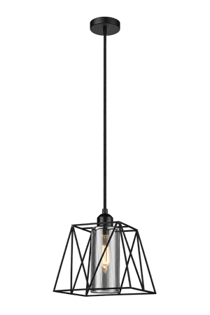 Black metal pendant with clear smoked inner glass and bulb on a transparent background