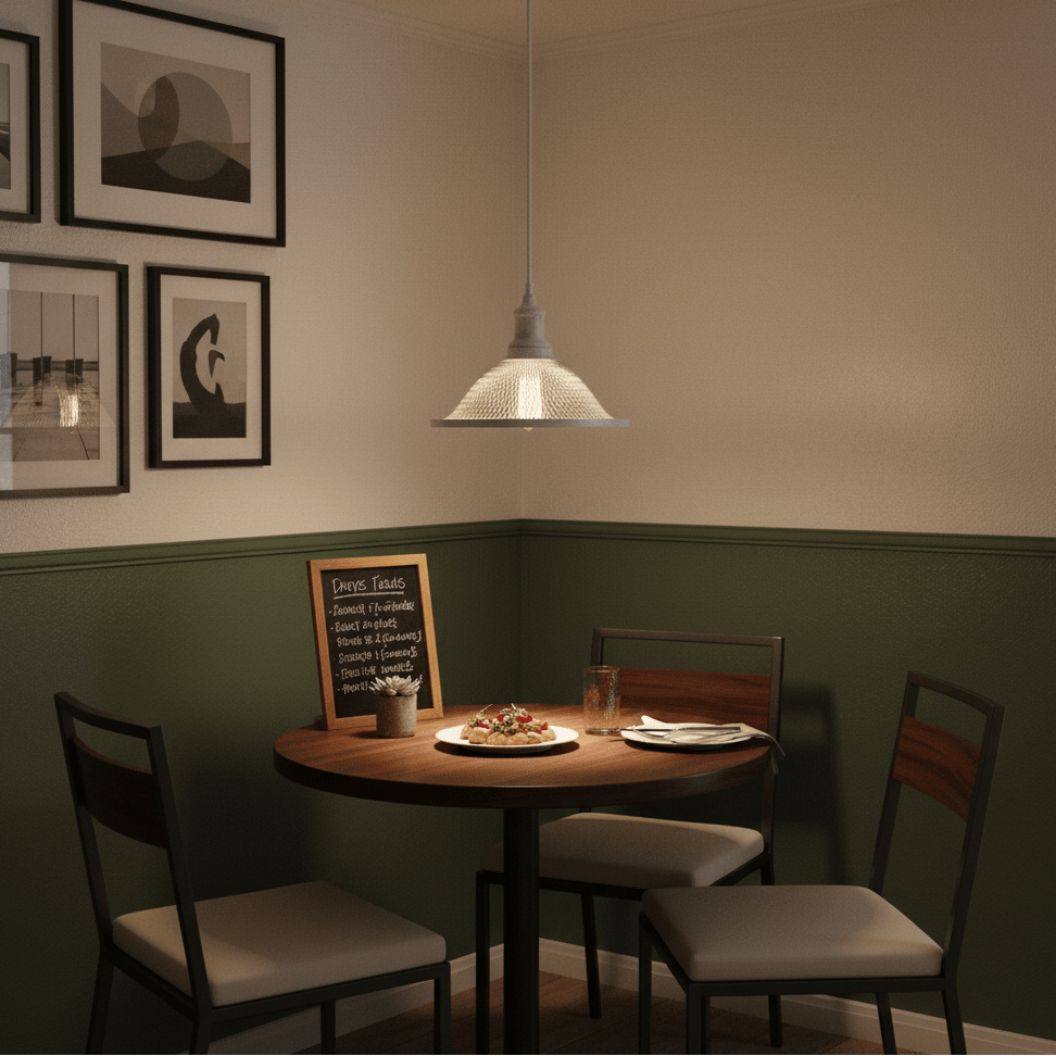 Metal pendant light in French white hanging over a round dining table with food and drinks.