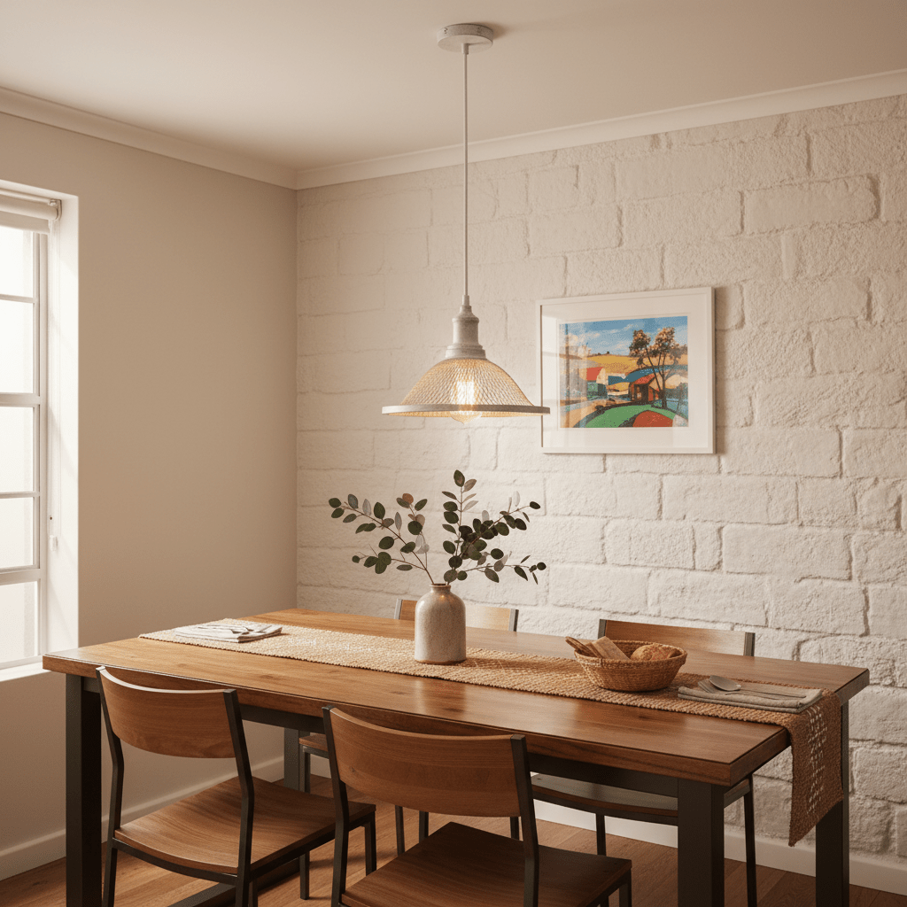Stylish French White pendant light hanging over a wooden dining table with decorative elements.