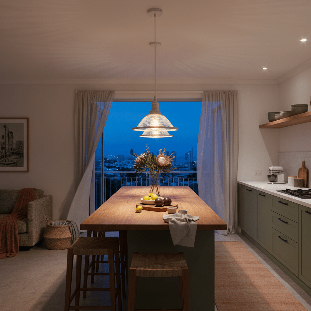 Metal pendant light in French white hanging over a wooden kitchen island with fruit and flowers.