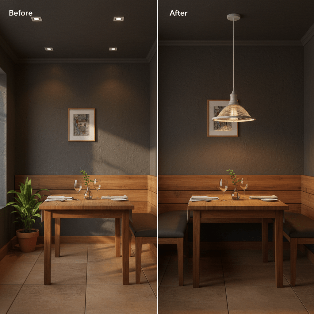 Before and after comparison of a dining area with and without the French White pendant light.