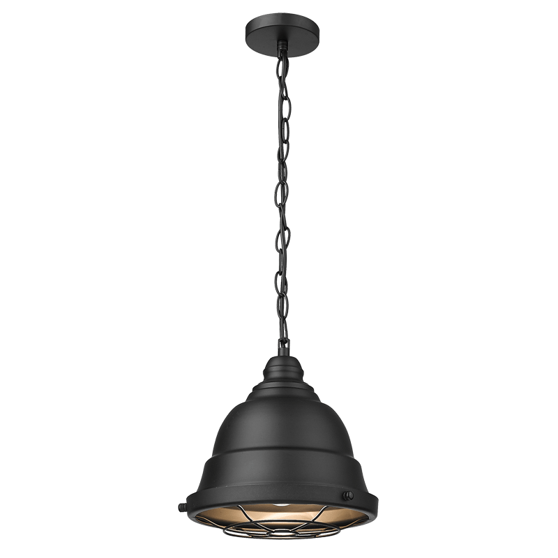 Black pendant light with chain on a white background