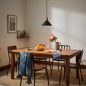 Black iron pendant light hangs over a wooden dining table with a bowl of oranges and a flower vase.