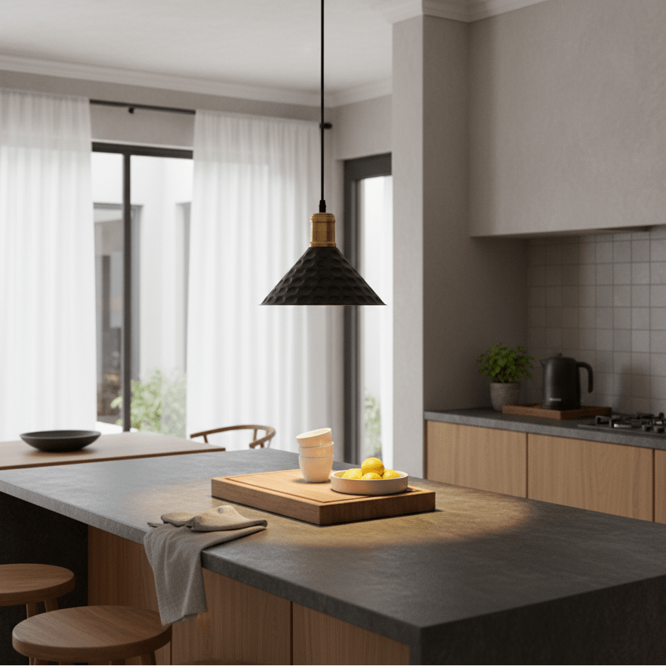 Black iron pendant light hanging over a kitchen island with a wooden tray of cups and lemons.