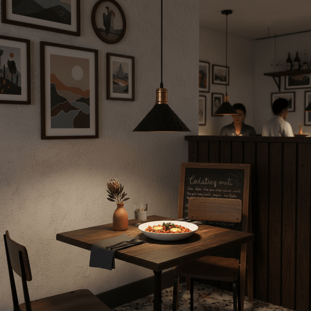Black iron pendant light hanging over a wooden dining table with a dish and decor, creating a cozy atmosphere.