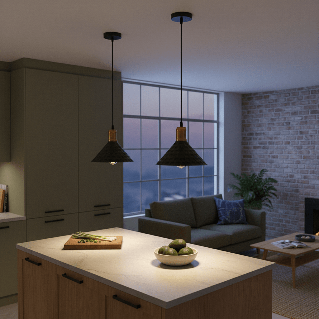 Two black iron pendant lights hang over a kitchen island with a bowl of avocados and a cutting board.