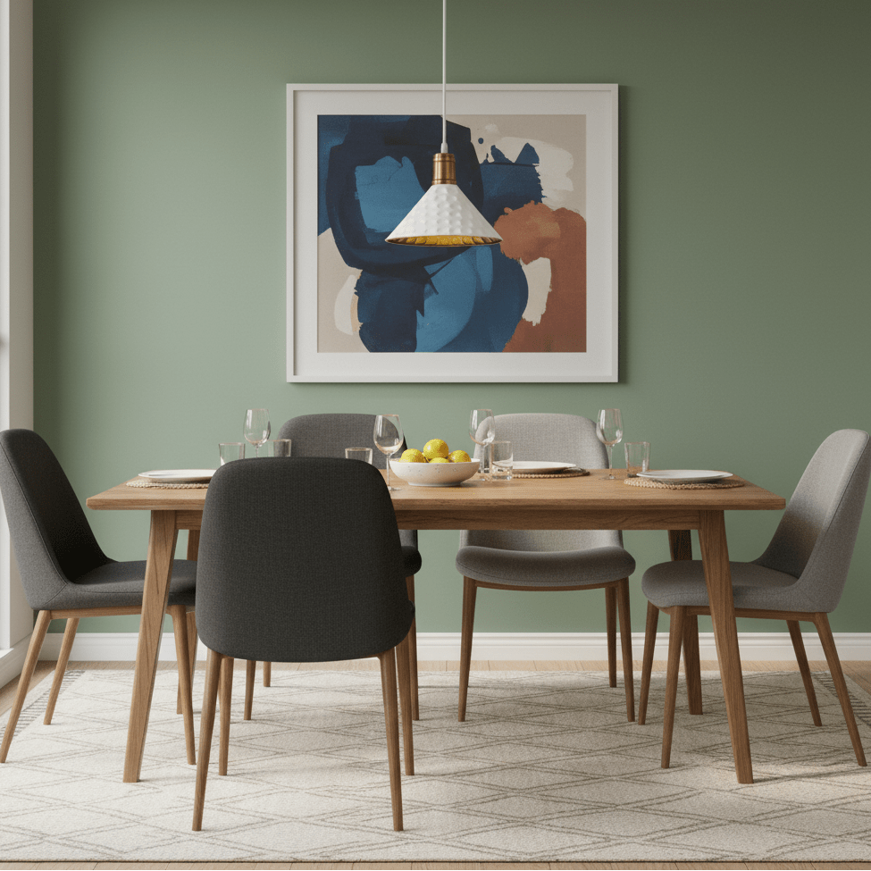 A modern dining setup featuring a white iron pendant light above a wooden table with gray chairs and a fruit bowl.