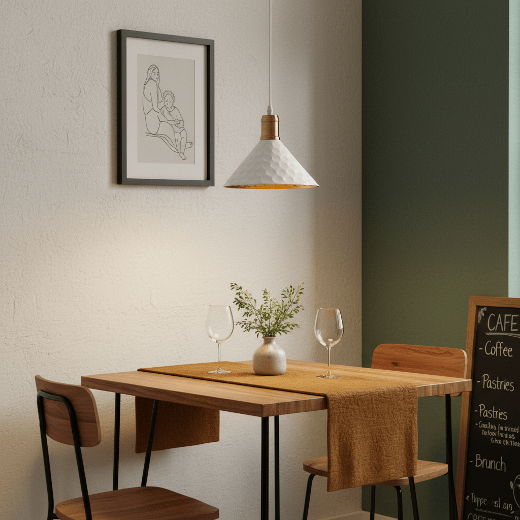 White iron pendant light hanging over a wooden dining table set with glasses and a vase.