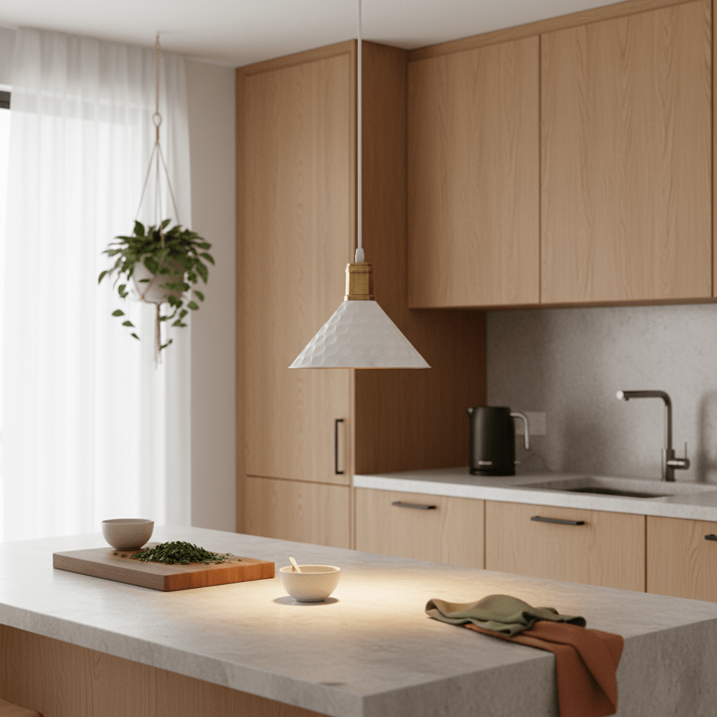 White iron pendant light hanging over a kitchen island with wooden cabinetry and a plant in the background.